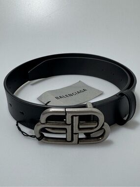 Balenciaga BB Logo Belt Leather Black Silver 75/30